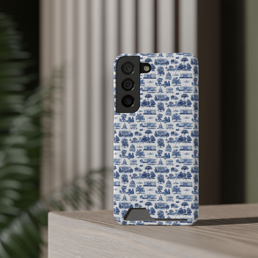 Blue Toile Phone Card Case — Vintage Scenic Pattern Phone Case with Card Holder