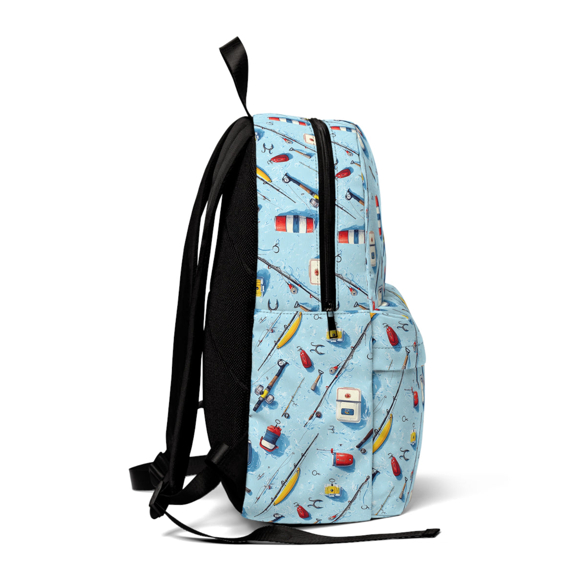 Fishing Gear Pattern Backpack — Light Blue Angler Print School & Travel Bag