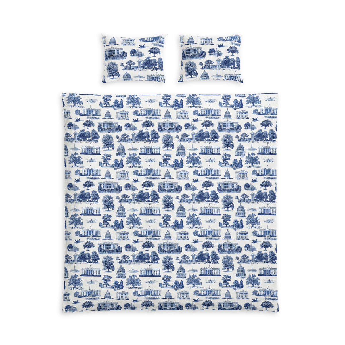 Blue Toile Cotton Bed Set — Scenic Village Print Duvet Cover & Pillowcases