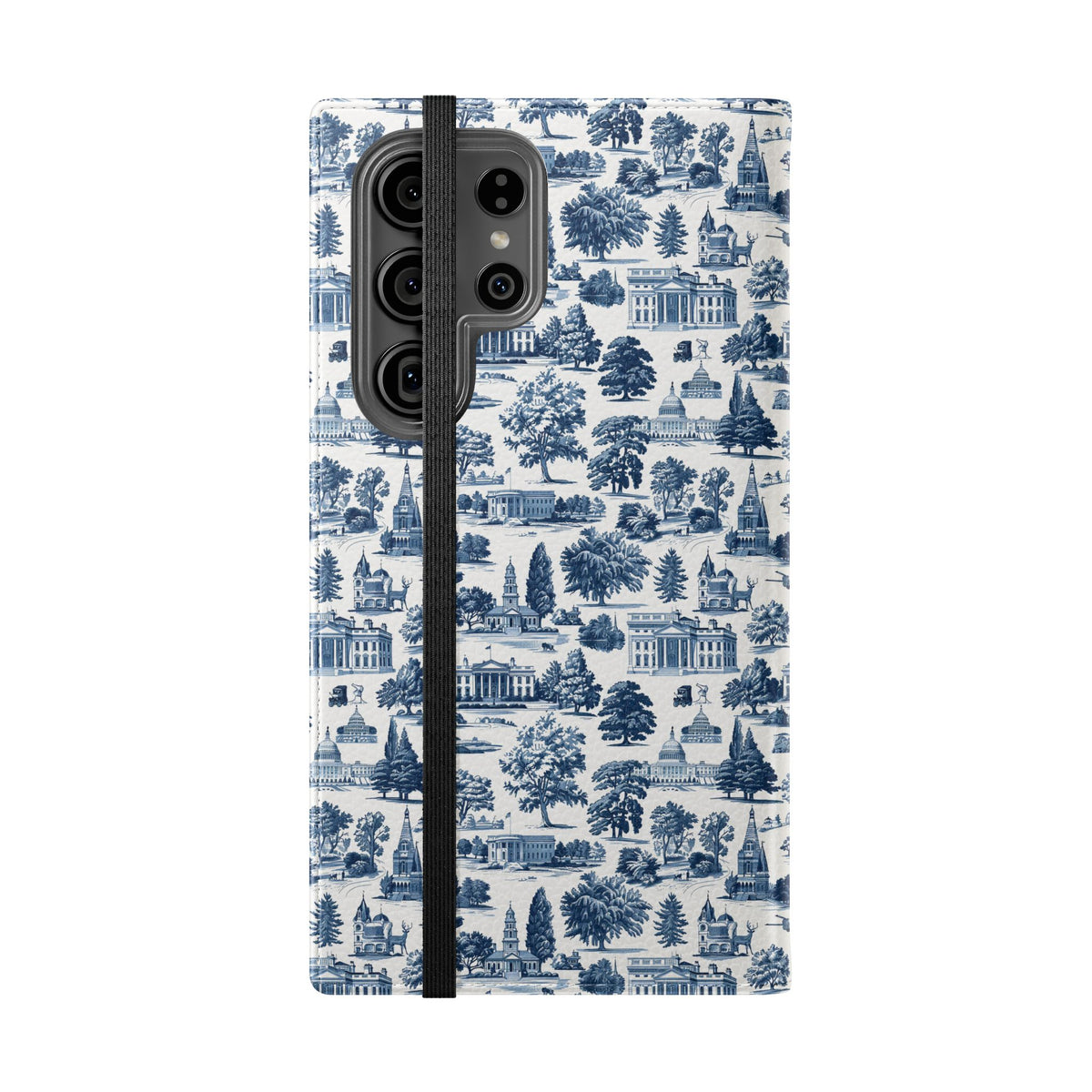 Vintage Toile Flip Phone Case — Blue Scenic Wallet Cover with Card Slots