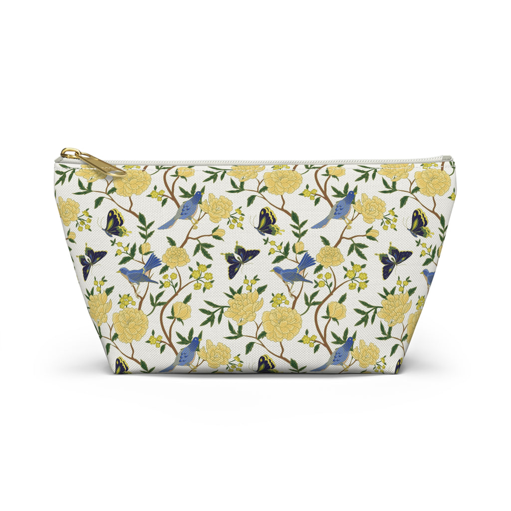 Floral Bird Accessory Pouch — Yellow Rose & Bluebird Cosmetic Bag