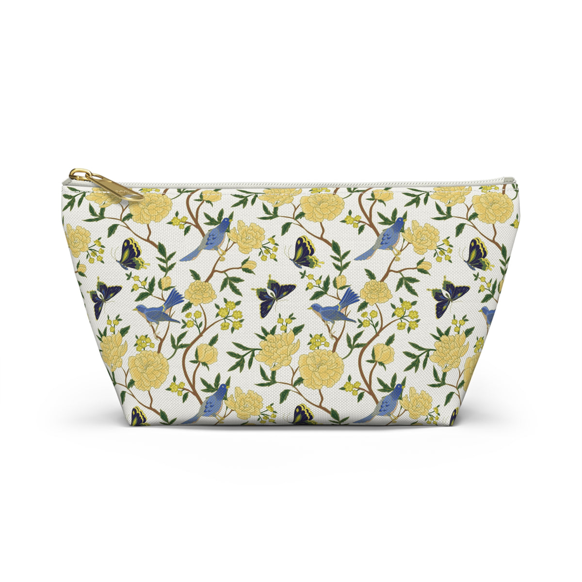 Floral Bird Accessory Pouch — Yellow Rose & Bluebird Cosmetic Bag