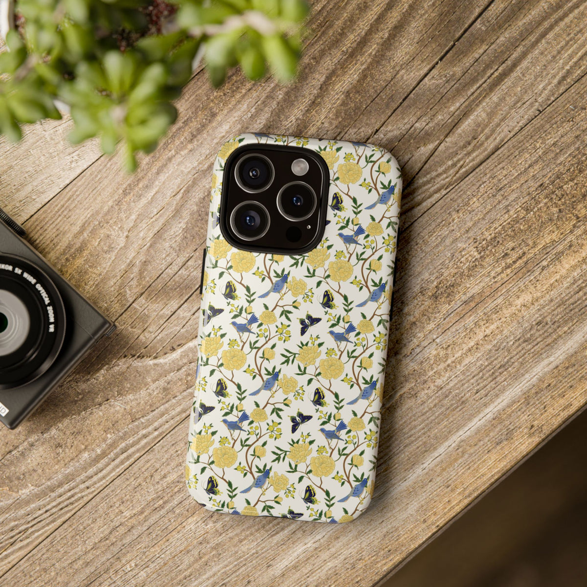 Floral Bird Tough Phone Case — Yellow Rose Pattern, Slim Protective iPhone Cover
