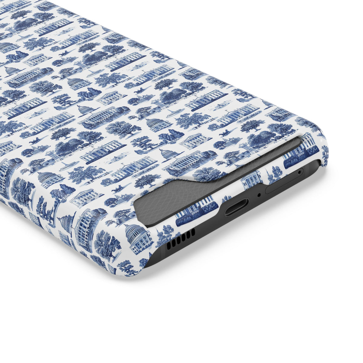 Blue Toile Phone Card Case — Slim Wallet Phone Case with Scenic Pattern