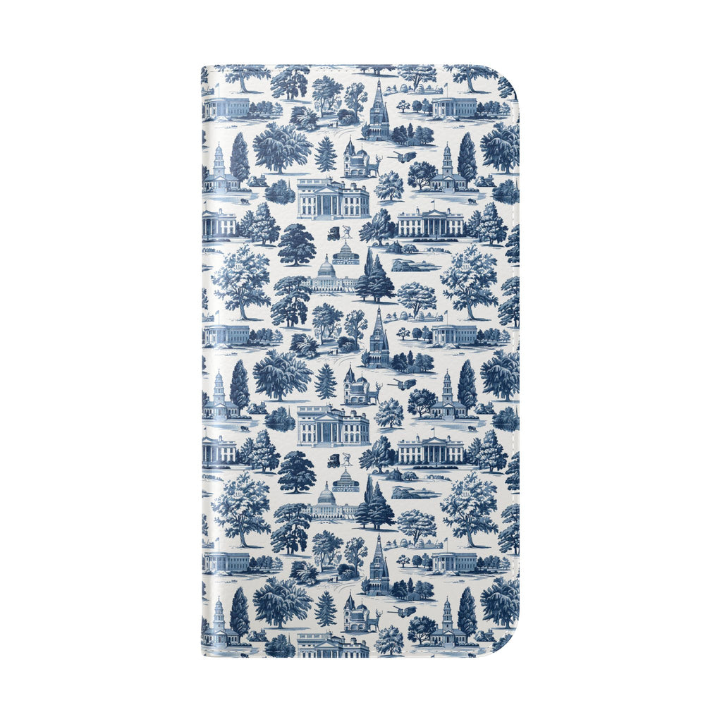 Vintage Toile Flip Phone Case — Blue Scenic Wallet Cover with Card Slots