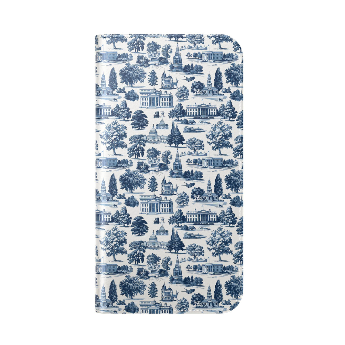 Vintage Toile Flip Phone Case — Blue Scenic Wallet Cover with Card Slots