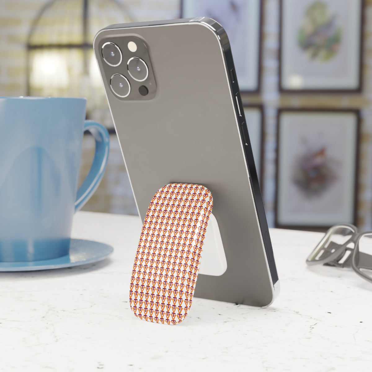 Geometric Tile Phone Grip — Orange & Red Pattern Click-On Stand