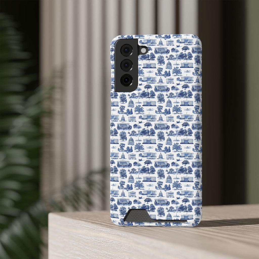 Blue Toile Phone Card Case — Vintage Scenic Pattern Phone Case with Card Holder