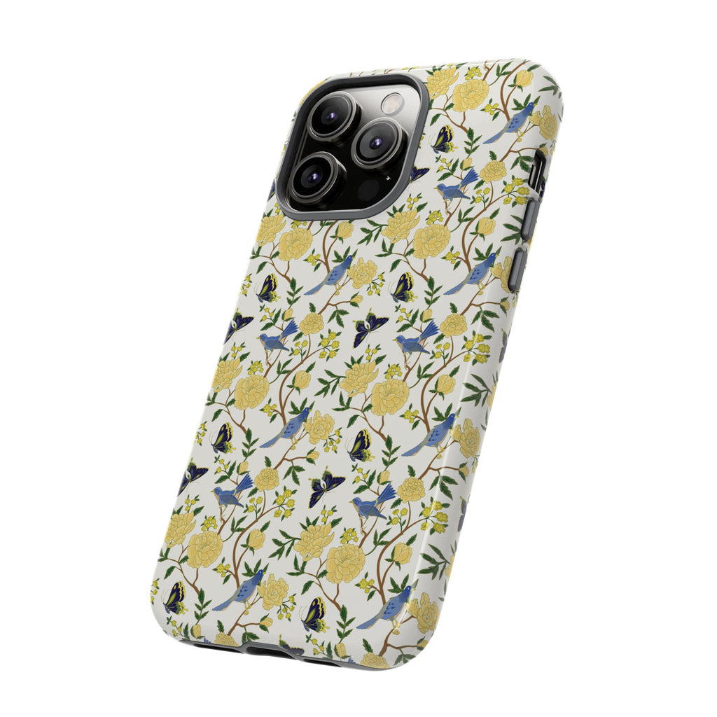 Floral Bird Tough Phone Case — Yellow Rose Pattern, Slim Protective iPhone Cover
