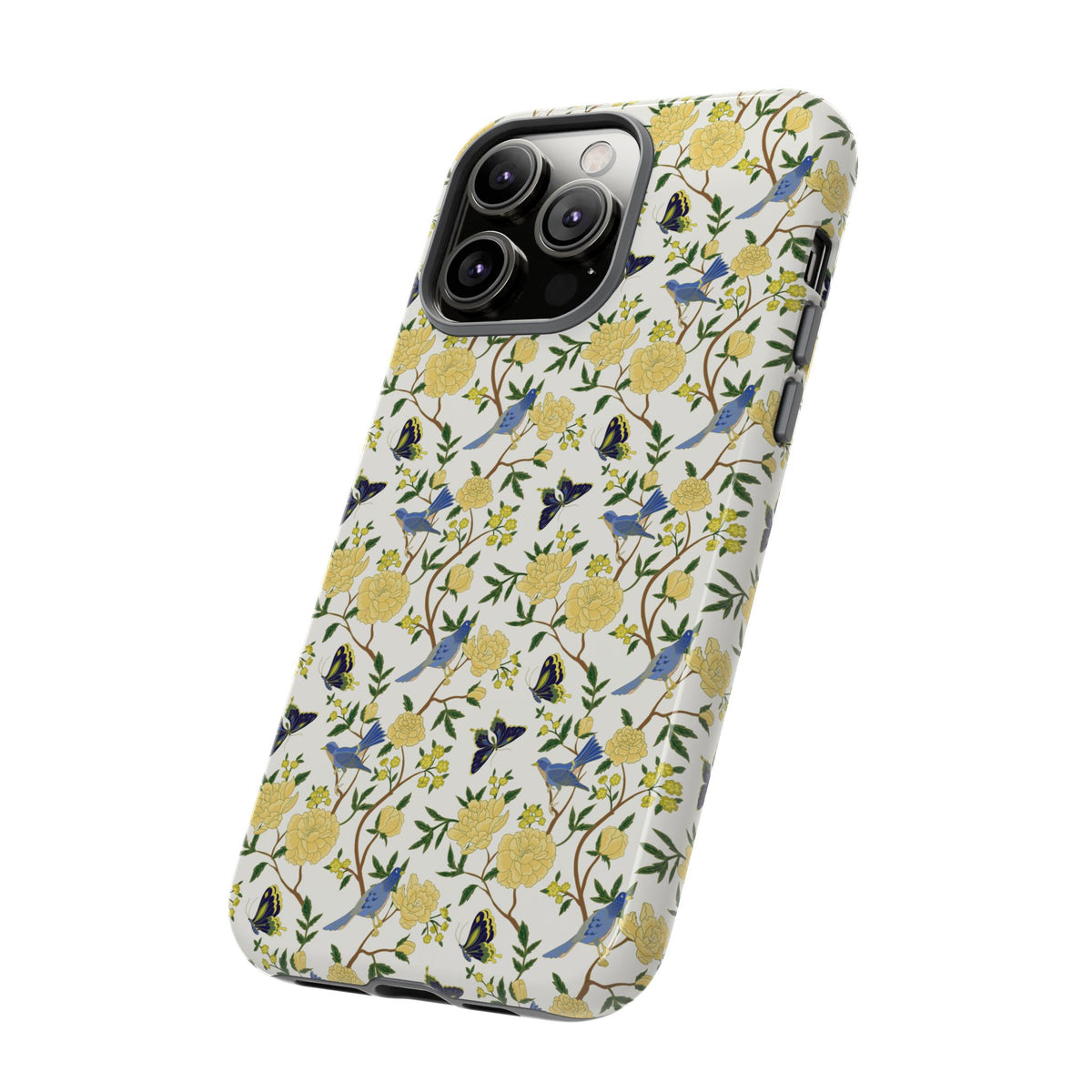 Floral Bird Tough Phone Case — Yellow Rose Pattern, Slim Protective iPhone Cover