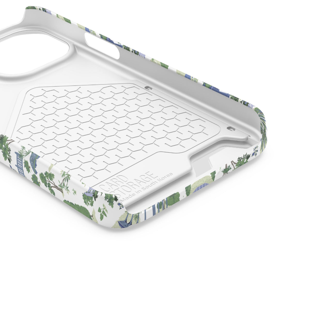 Garden Pavilion Cardholder Phone Case — Blue & Green Scenic Park Design