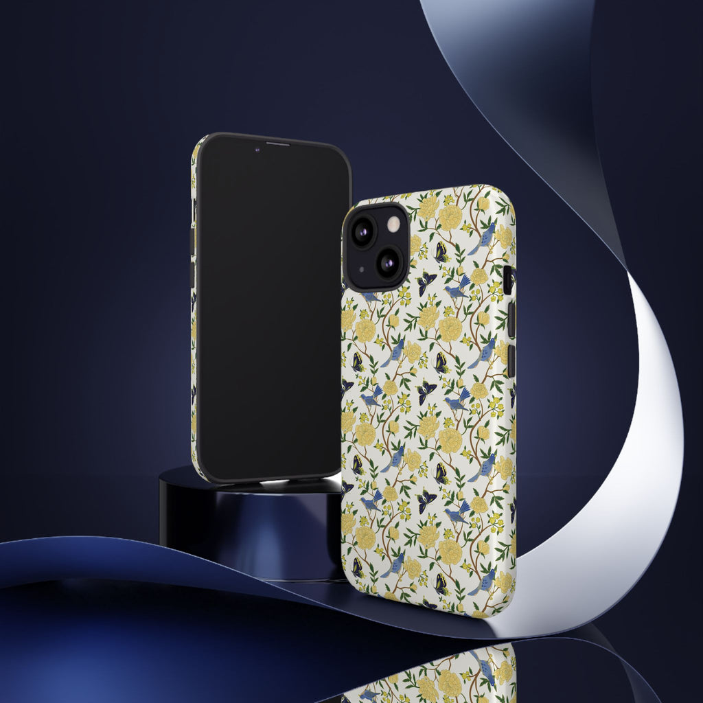 Floral Bird Tough Phone Case — Yellow Rose Pattern, Slim Protective iPhone Cover