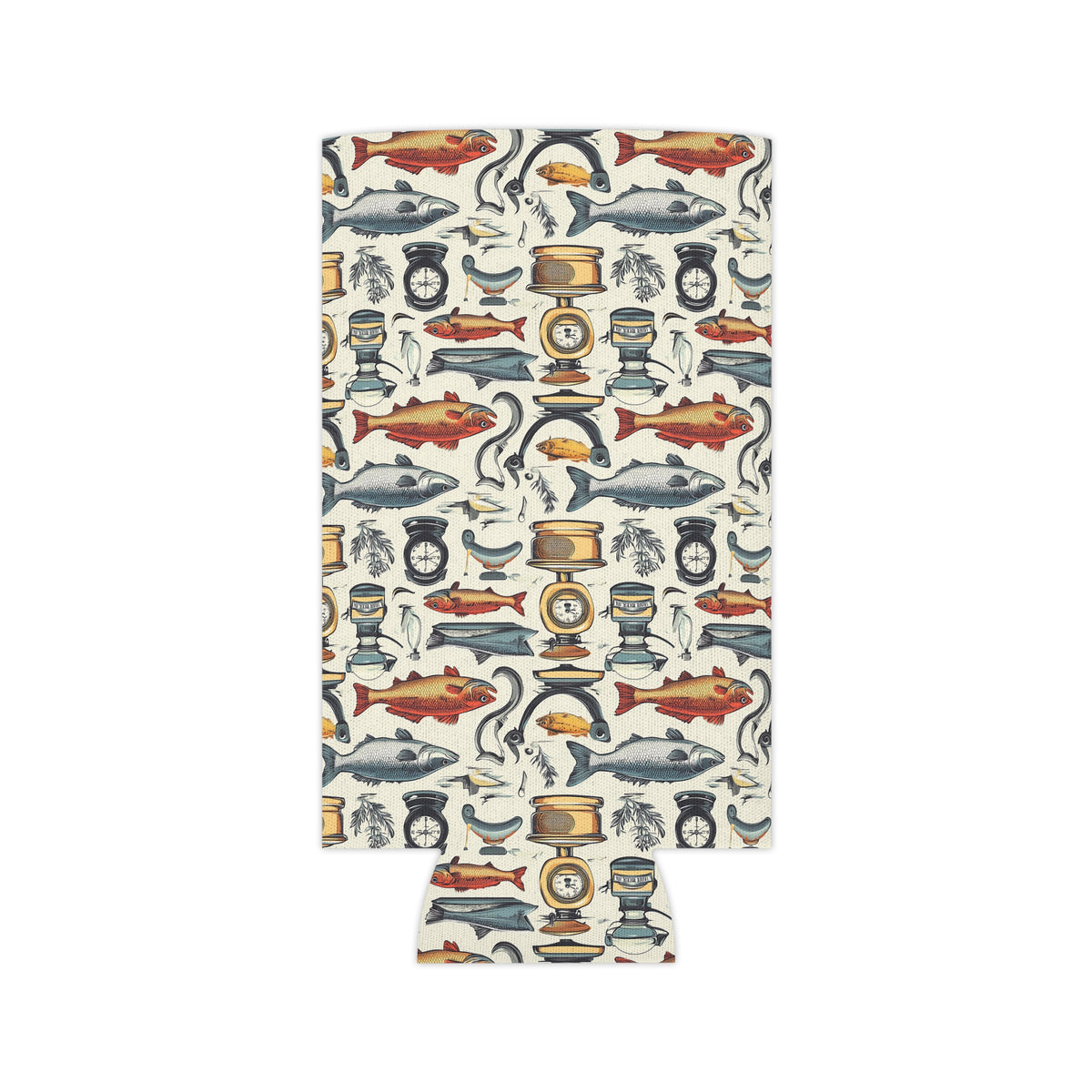 Nautical Fishing Can Cooler - Vintage Tackle & Fish Pattern