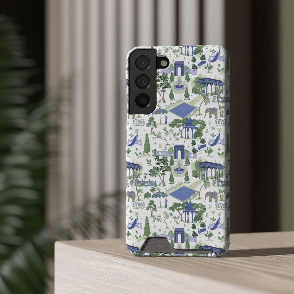 Garden Pavilion Cardholder Phone Case — Blue & Green Scenic Park Design