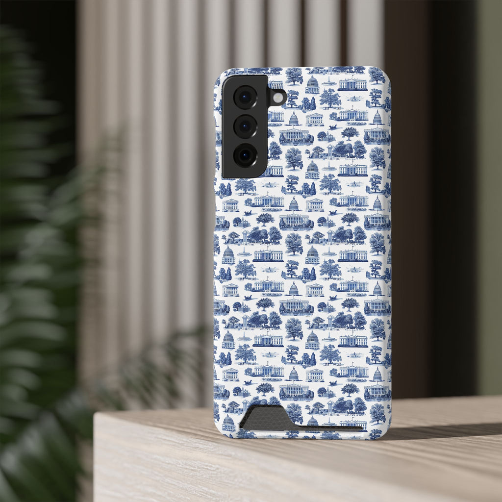 Blue Toile Phone Card Case — Slim Wallet Phone Case with Scenic Pattern