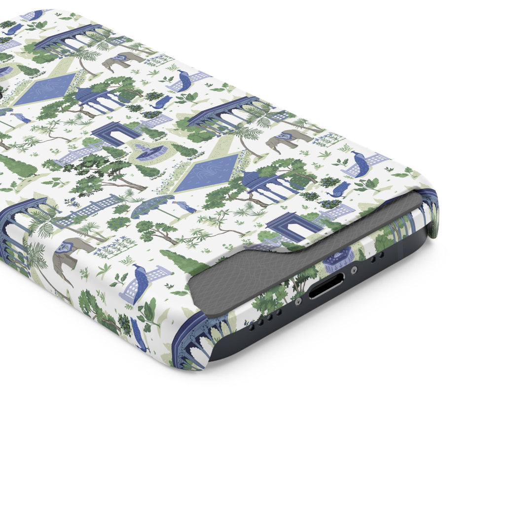 Garden Pavilion Cardholder Phone Case — Blue & Green Scenic Park Design