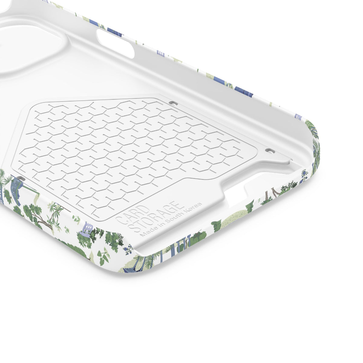 Garden Pavilion Cardholder Phone Case — Blue & Green Scenic Park Design
