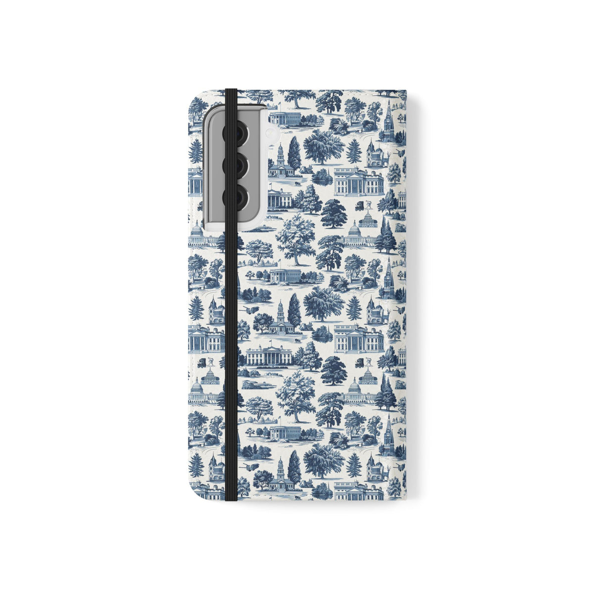 Vintage Toile Flip Phone Case — Blue Scenic Wallet Cover with Card Slots