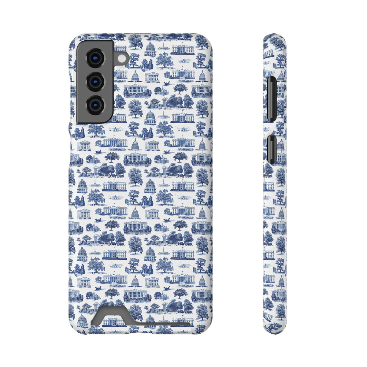 Blue Toile Phone Card Case — Slim Wallet Phone Case with Scenic Pattern