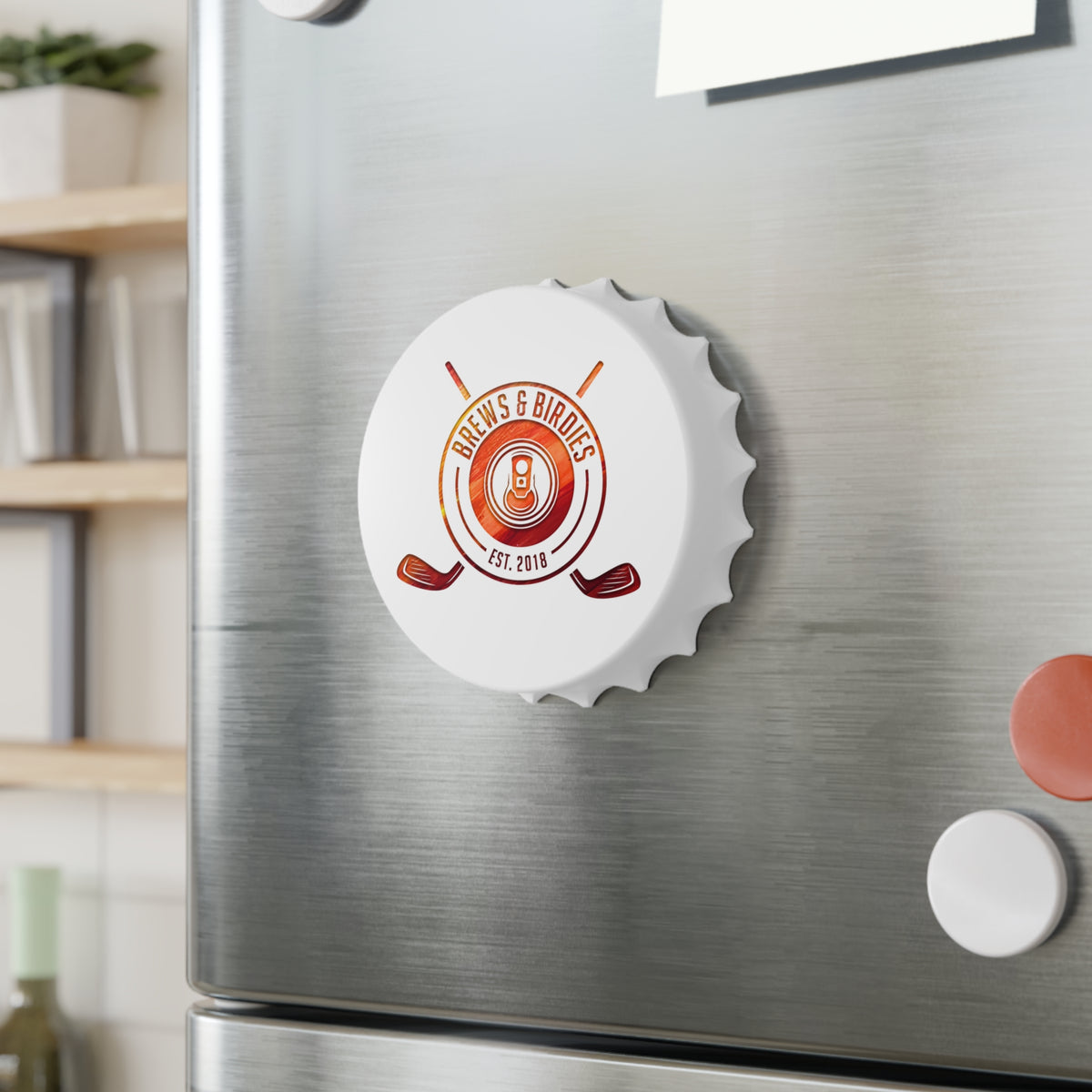 Brews & Birdies Bottle Opener — Golf Logo Magnetic Cap Opener (Est. 2018)
