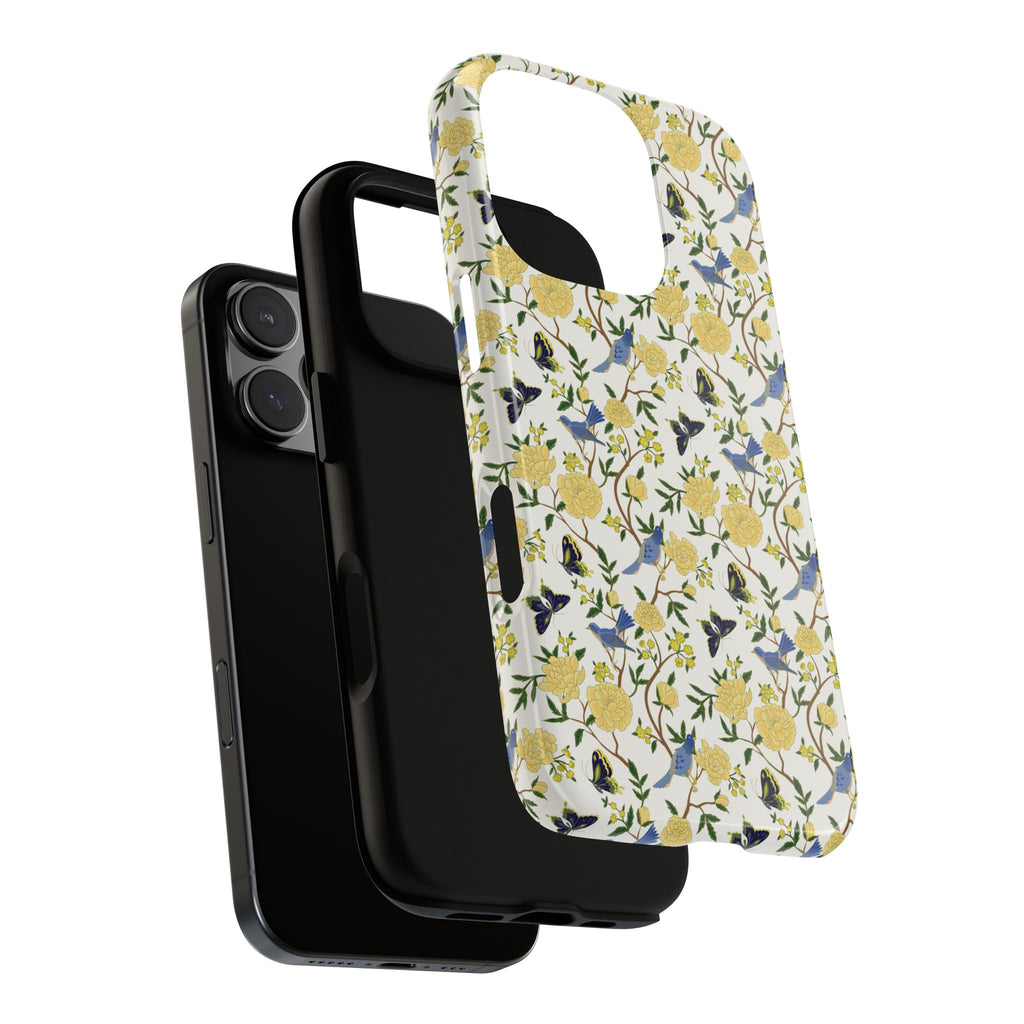 Floral Bird Tough Phone Case — Yellow Rose Pattern, Slim Protective iPhone Cover