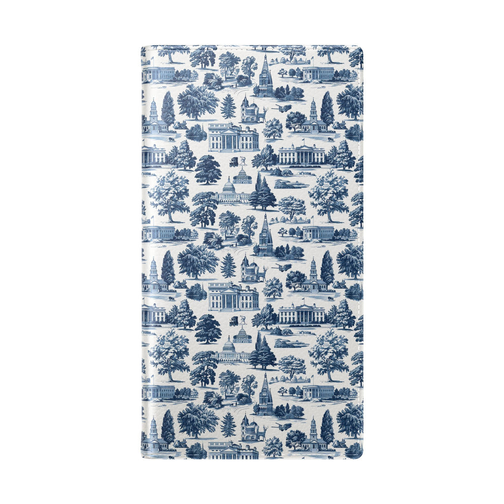 Vintage Toile Flip Phone Case — Blue Scenic Wallet Cover with Card Slots