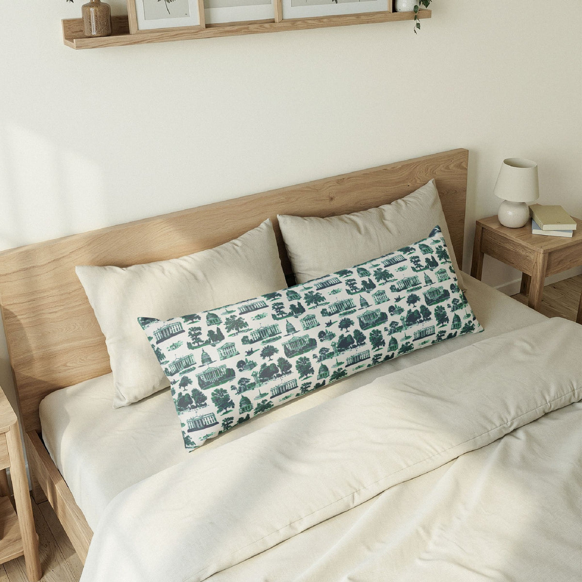 Coastal Cottage Body Pillow — Nautical Blue Harbor Scene Decorative Lumbar Pillow