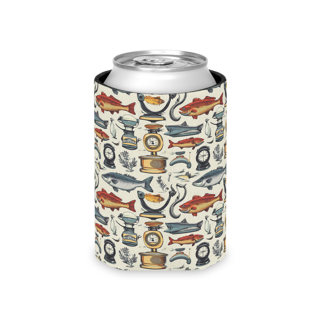 Nautical Fishing Can Cooler - Vintage Tackle & Fish Pattern