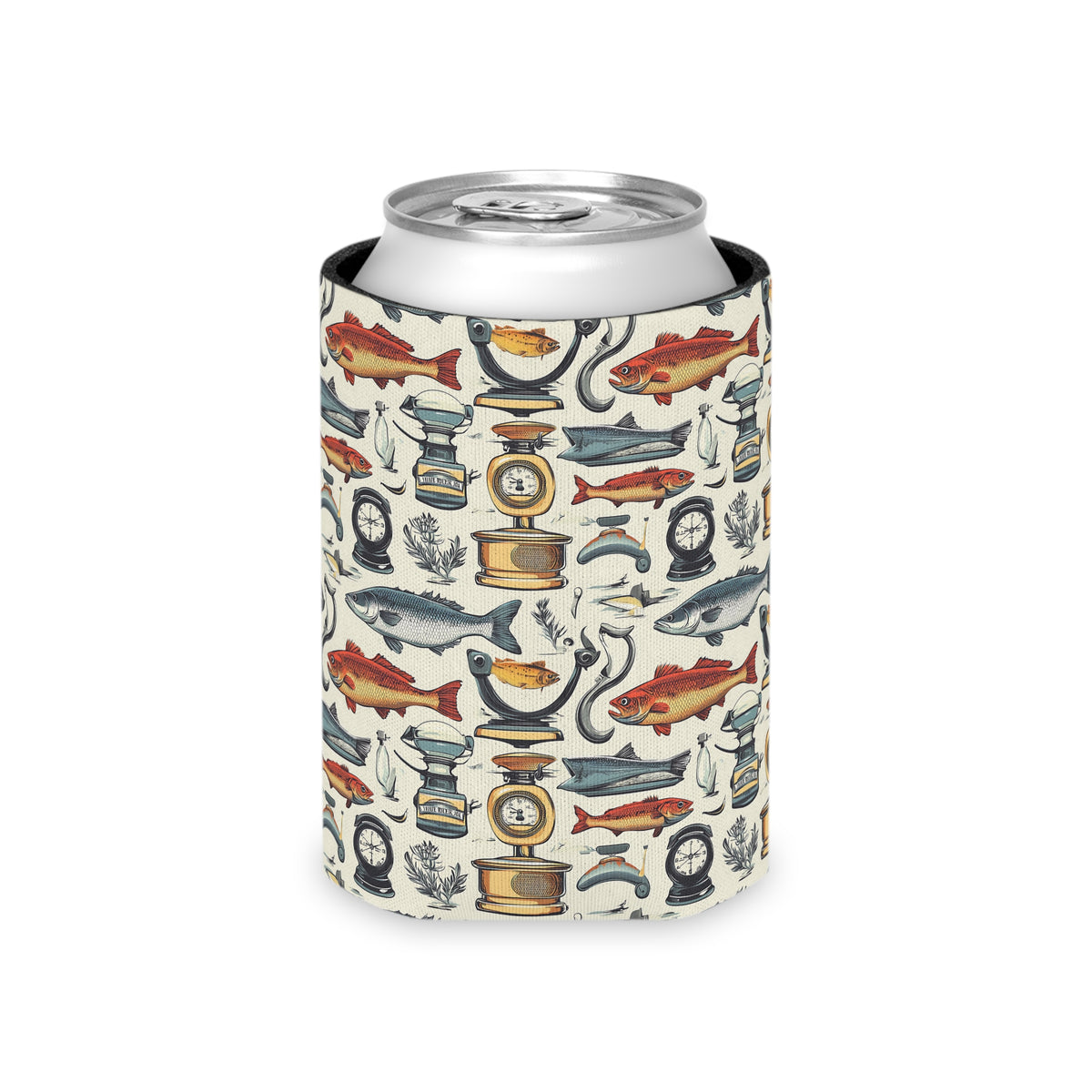 Nautical Fishing Can Cooler - Vintage Tackle & Fish Pattern
