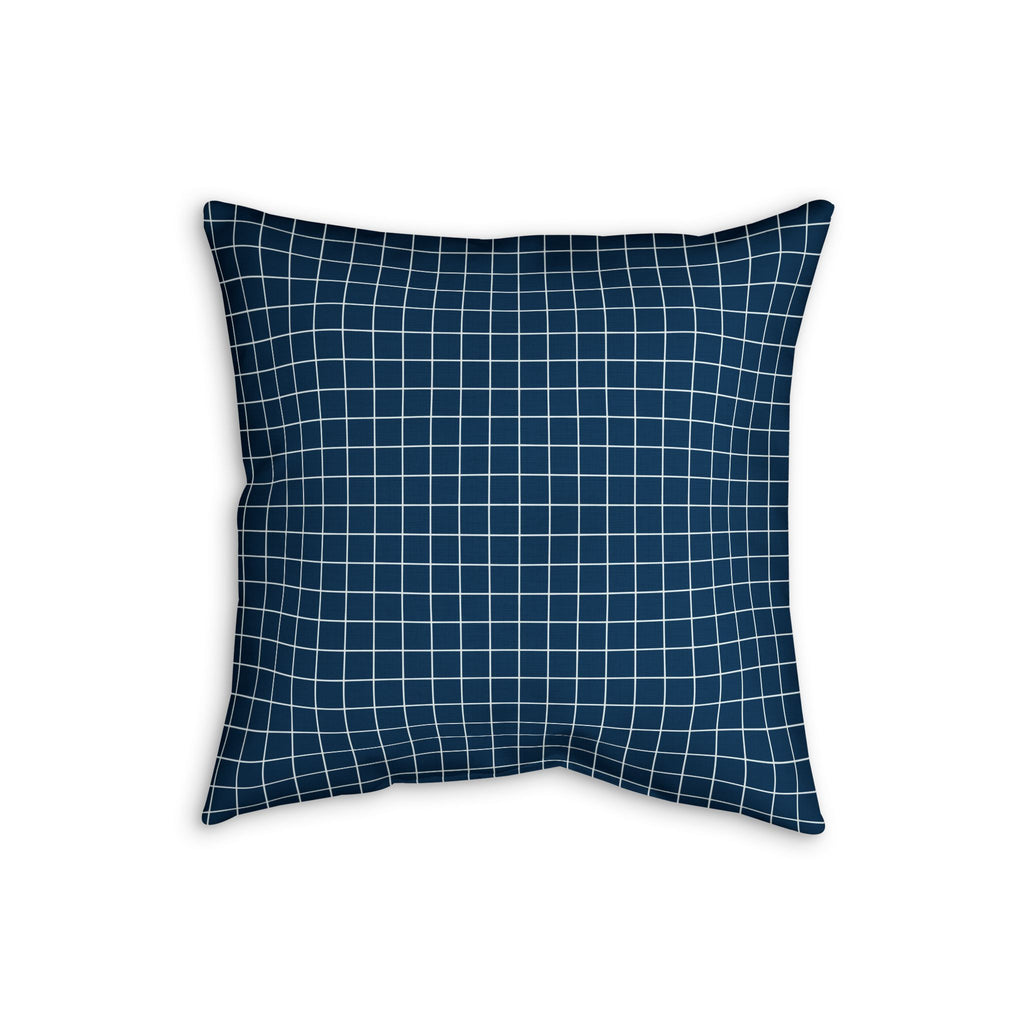 Navy Grid Throw Pillow — Modern Check Faux Linen Accent Cushion
