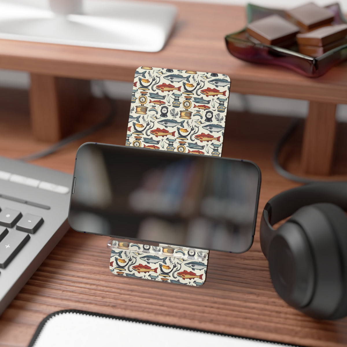 Folding Phone Stand — Vintage Fishing Pattern Mobile Display