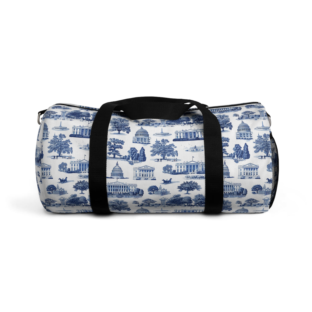 Blue Toile Travel Duffel Bag — Classic Scenic Print Weekender