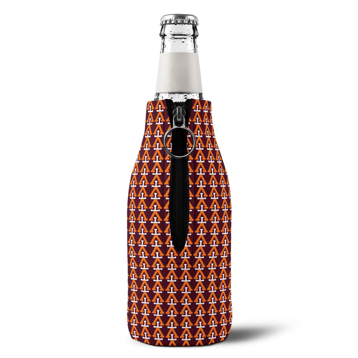 Zip-Up Bottle Cooler Sleeve — Geometric Burgundy & Gold Insulated Koozie