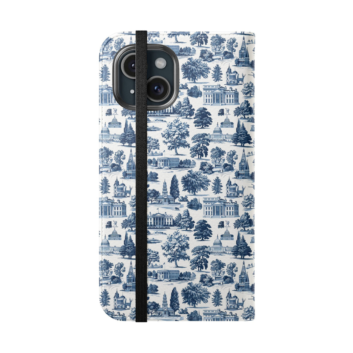 Vintage Toile Flip Phone Case — Blue Scenic Wallet Cover with Card Slots