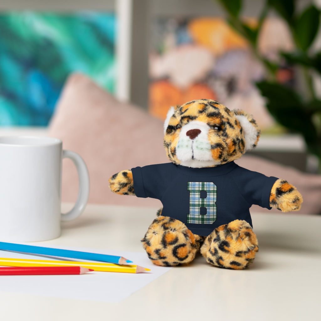 Plush Bear with Plaid Monogram Tee — Personalized Initial 'B' Stuffed Animal Gift