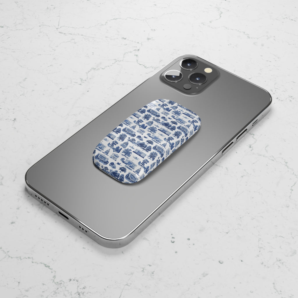 Blue Toile Cityscape Phone Grip — Click-On Stand & Hold