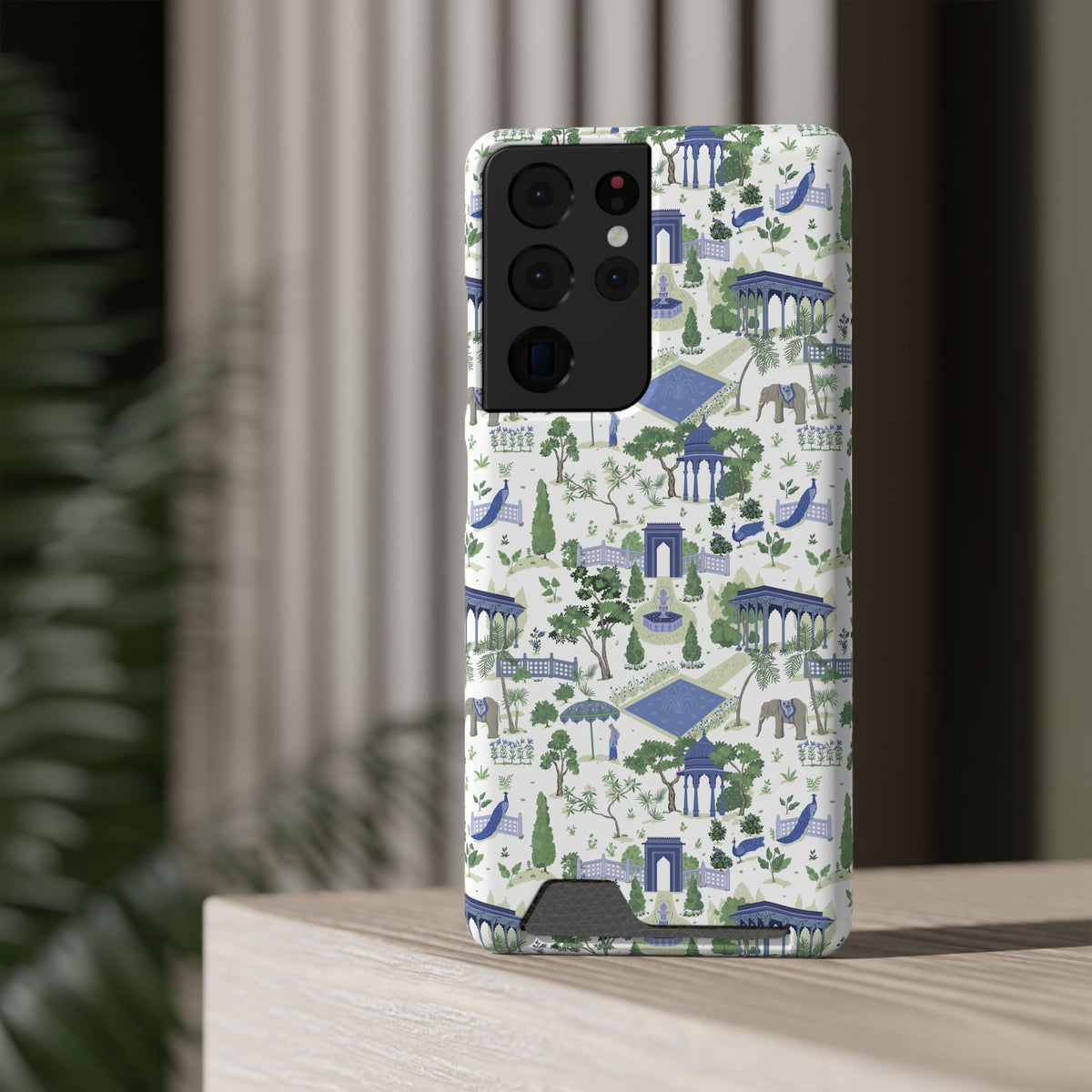 Garden Pavilion Cardholder Phone Case — Blue & Green Scenic Park Design