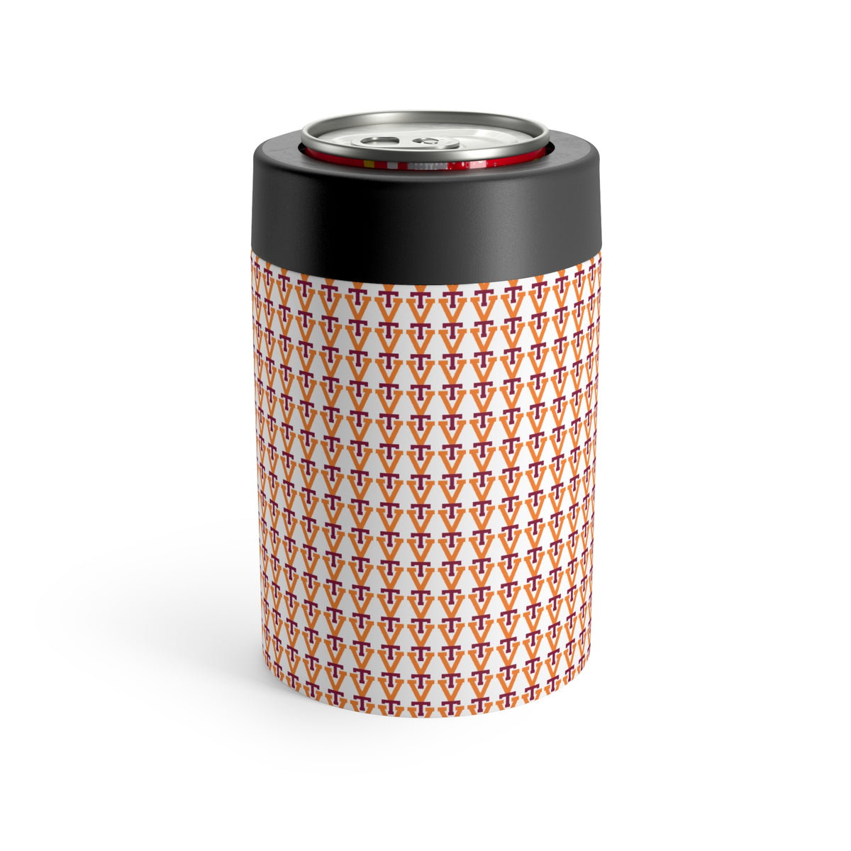 Insulated Can Cooler with Geometric Violet-Orange Pattern