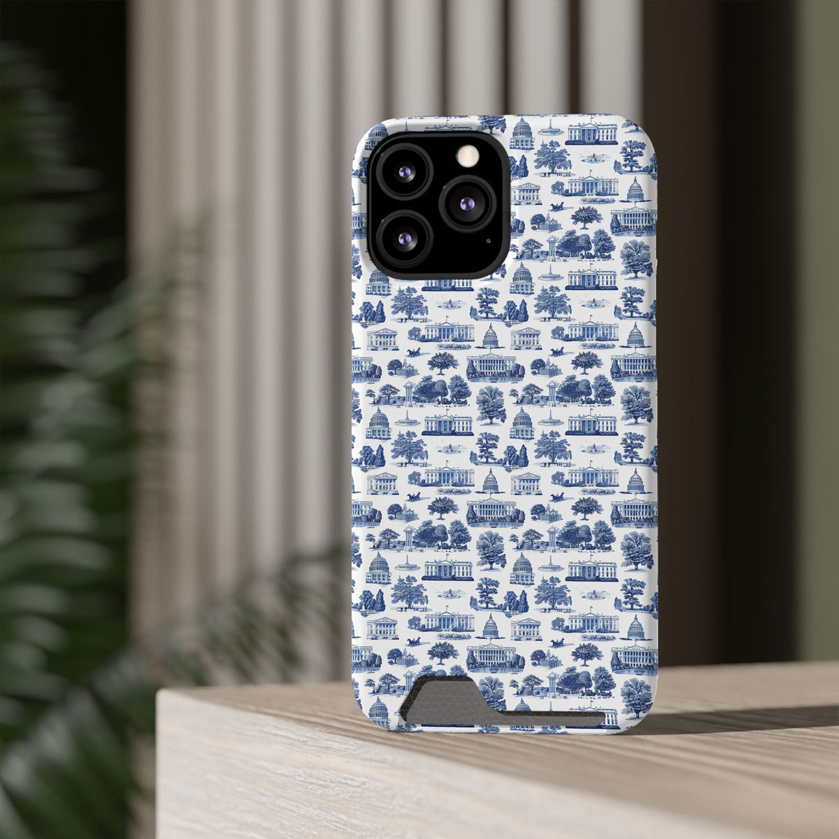 Blue Toile Phone Card Case — Slim Wallet Phone Case with Scenic Pattern
