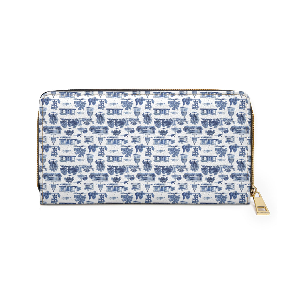 Blue Toile Zipper Wallet — Vintage Scenic Print Leather Wallet