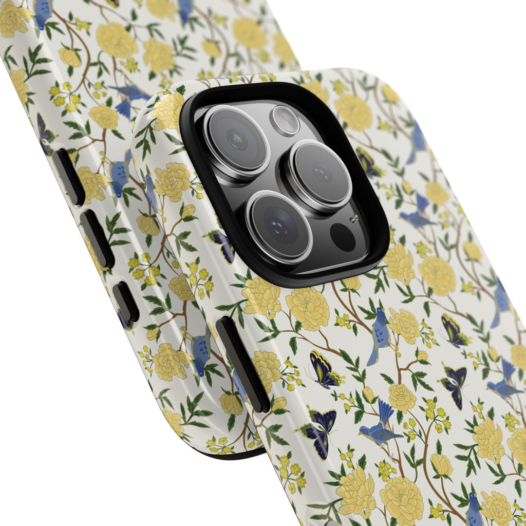 Floral Bird Tough Phone Case — Yellow Rose Pattern, Slim Protective iPhone Cover