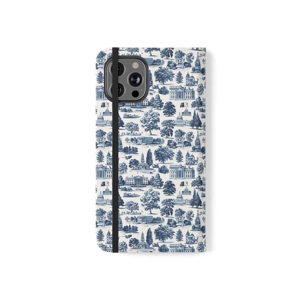 Vintage Toile Flip Phone Case — Blue Scenic Wallet Cover with Card Slots
