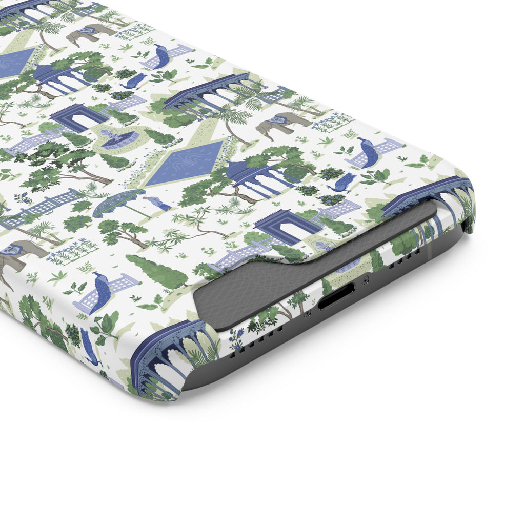 Garden Pavilion Cardholder Phone Case — Blue & Green Scenic Park Design