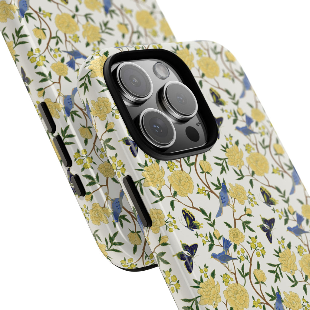 Floral Bird Tough Phone Case — Yellow Rose Pattern, Slim Protective iPhone Cover