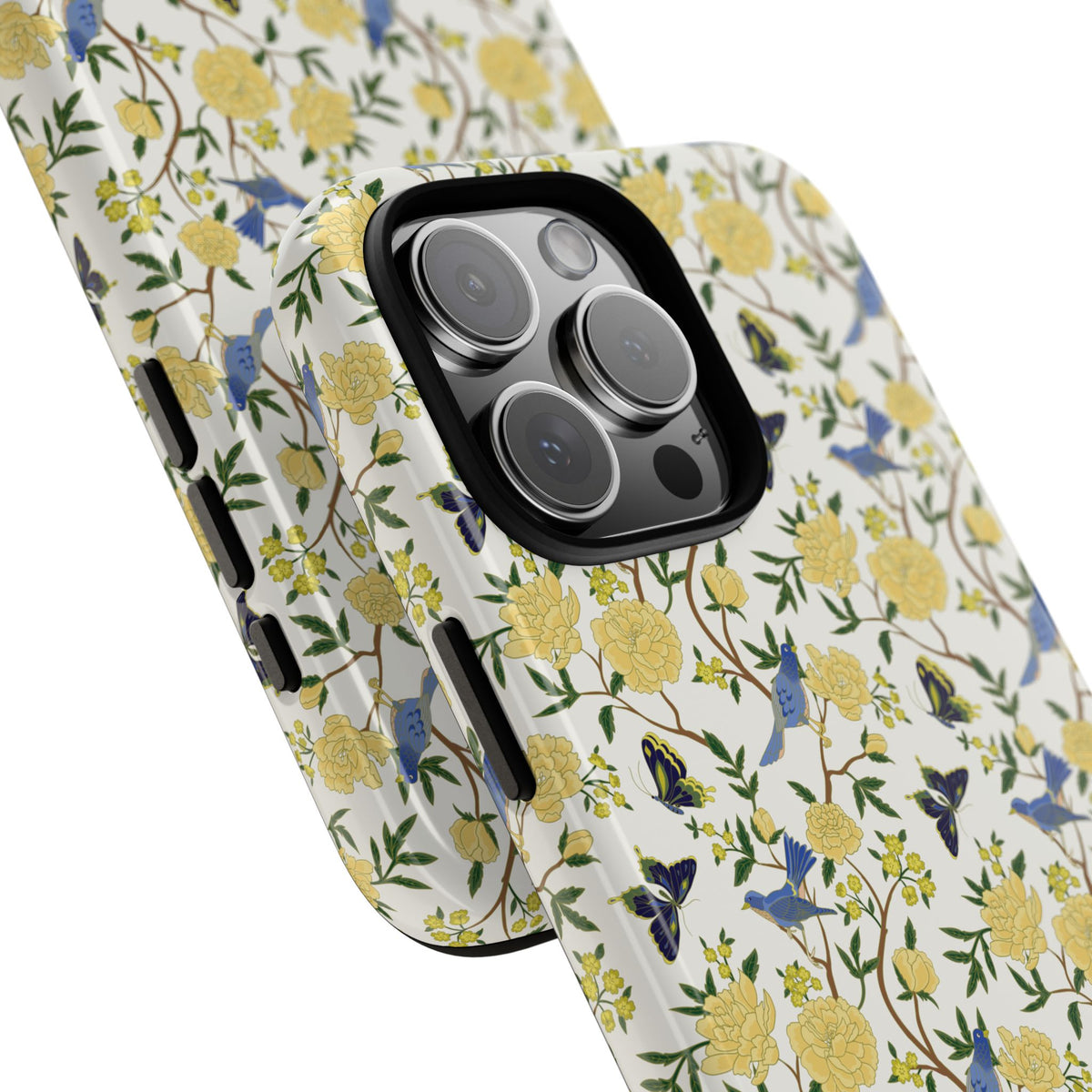 Floral Bird Tough Phone Case — Yellow Rose Pattern, Slim Protective iPhone Cover