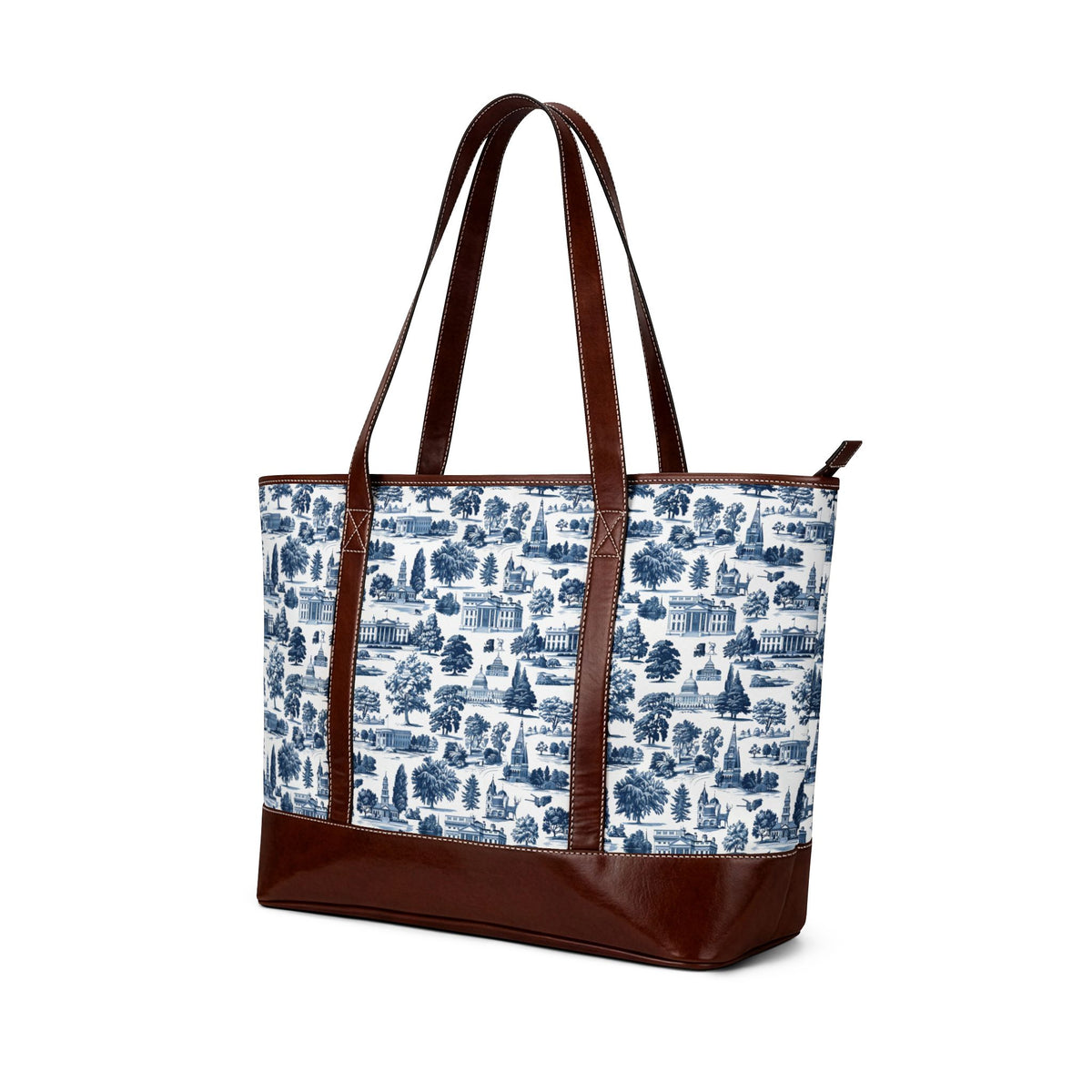 Blue Toile Leather-Trim Tote Bag