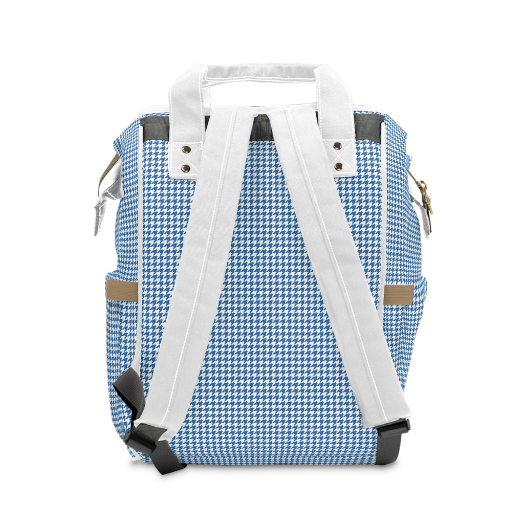 Blue Houndstooth Multifunctional Diaper Backpack — Insulated Pockets, Changing Mat & Stroller Straps