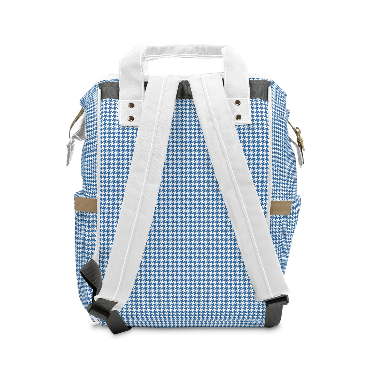 Blue Houndstooth Multifunctional Diaper Backpack — Insulated Pockets, Changing Mat & Stroller Straps