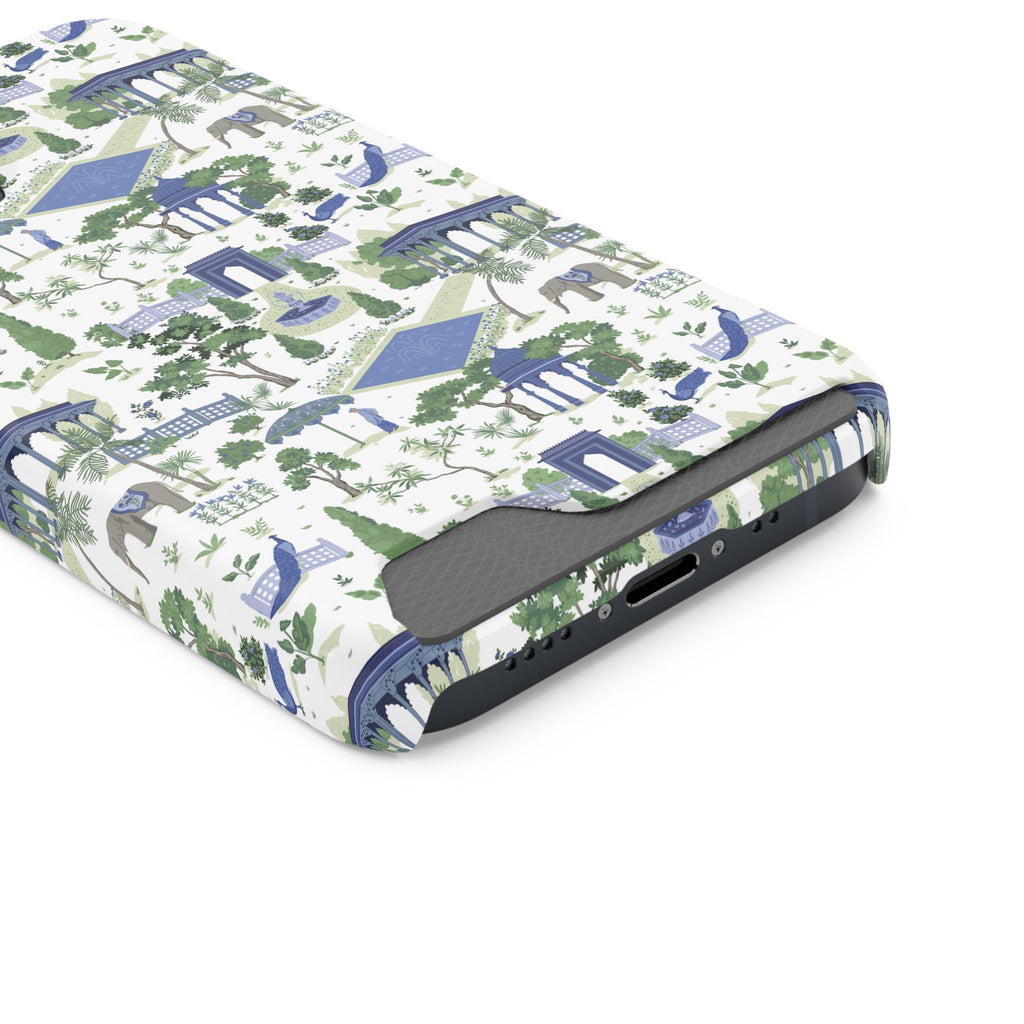 Garden Pavilion Cardholder Phone Case — Blue & Green Scenic Park Design
