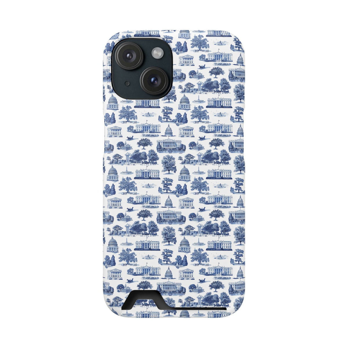 Blue Toile Phone Card Case — Slim Wallet Phone Case with Scenic Pattern